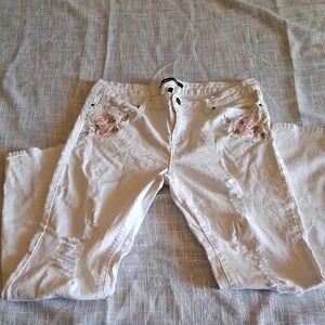 Women's White Distressed Jeans with Floral Embroidery